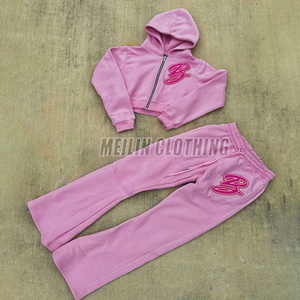 Custom Clothing Manufacturers Oversized French Terry pink Patch Rhinestone <b>Cropped</b> <b>Zip</b> <b>up</b> Hoodies Two Piece Women Sweatsuit Set - Product Image 1
