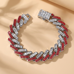 Pulsera de Cadena Cubana de 15MM con Moissanita Roja Iced Out, Chapada en Plata, Lujosa, Unisex, Joyería Hip Hop Bling - Product Image 4