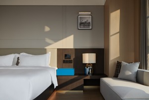 Ensemble de chambre d'hôtel moderne, lit king size, design contemporain, meubles en bois avec housse de lit en coton, utilisation commerciale durable - Product Image 3