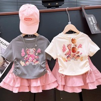 Ensemble de vêtements pour filles de 1 à 7 ans, imprimé dessin animé, été, robe pour enfants, ensemble deux pièces, hauts + jupe longue plissée, ensemble de vêtements pour filles