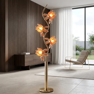 Lampadaire en métal en forme de S unique, avec 4 abat-jour floraux en verre, éclairage LED - Product Image 1