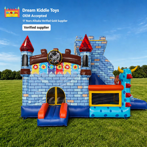 3D Drachen-Thema Aufblasbares Kombi-Hüpfburg-Set Blaues Ziegelstein-Schloss mit Rutsche für Partyvermietung 0,55mm Hochbelastbares PVC-Vinyl - Product Image 1