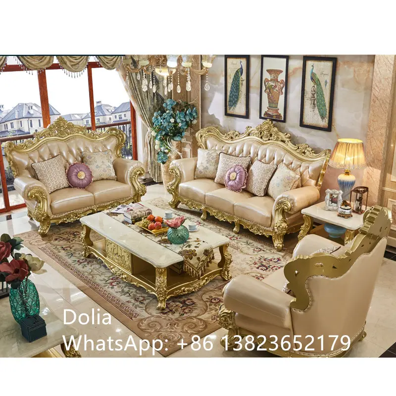 Elegantes Sofa garnitur aus geschnitztem Holz leder, Wohnzimmer-Sofa im europäischen Stil
