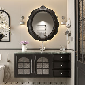 Conjunto de Muebles de Baño de Pared de Alta Gama en Madera de Caucho de Estilo <span class=keywords><strong>Retro</strong></span> Francés con <span class=keywords><strong>Lavabo</strong></span> de Piedra Sinterizada y Mueble Colgante - Product Image 1