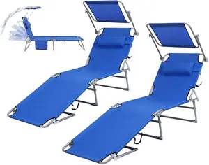 Silla de salón de playa, tumbona plegable para exteriores con 5 posiciones ajustables con toldo, portátil