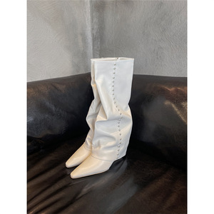2026 <b>White</b> Tube Boots for Women Pointed Toe High Shaft Knight Boots Wedge Heel Knee High Boots Stylish Below Knee Long Boots - Product Image 1