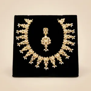 Conjunto de Collar Clásico Indio de Novia con Perlas Imitación Rodio y Jadau, Venta al por Mayor, Estilo Kundan Polki, para Bodas y Fiestas Indias - Product Image 2