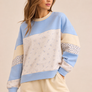 Sweat-shirt décontracté à col rond pour femme, grande taille, 100 % coton, épaules tombantes, patchwork color block, motif floral, manches raglan - Product Image 1