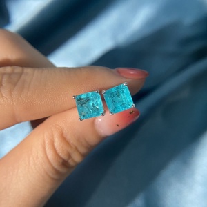 Pendientes de Botón Elegantes, Nuevos, Modernos, Magníficos, Exóticos, de Turmalina Paraiba Brillante, Color Azul Paraiba, Plata de Ley S925 - Product Image 1