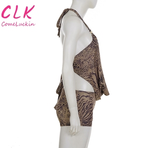 New Sexy Leopard Print Digital Printing Halter Neck Backlesstop Summer Knitting Breathable Knee <strong>Shorts</strong> <strong>Suit</strong> <strong>Women</strong> 2 Piece Set - Product Image 3