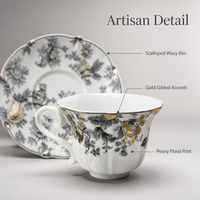 Ensemble tasse et soucoupe à café en céramique, style vintage européen, gris et or, motif floral, bord festonné, finition dorée, pour le thé de l'après-midi, 250 ml, réutilisable, pour la maison