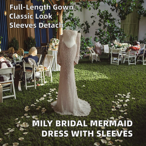 Robe de mariée sirène moderne en crêpe longue jusqu'au sol, taille plus, avec appliques, manches amovibles, dentelle perlée, corset - Product Image 2