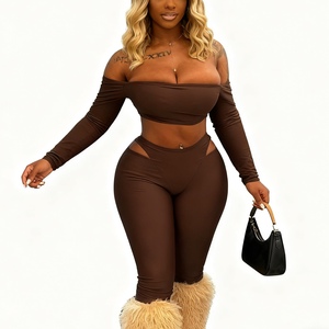 เสื้อครอปแขนยาวเปิดไหล่สำหรับผู้หญิงและกางเกงสกินนี่ผูกเชือกชุดแฟชั่น 2 ชิ้น - Product Image 1