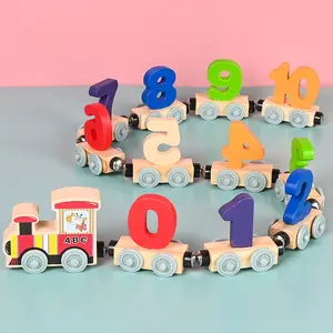Mumoni Mainan Kereta Kayu Magnetik Anak-anak, Mainan Perkembangan Pendidikan Awal Angka dan Huruf Blok Bangunan Set Mainan
