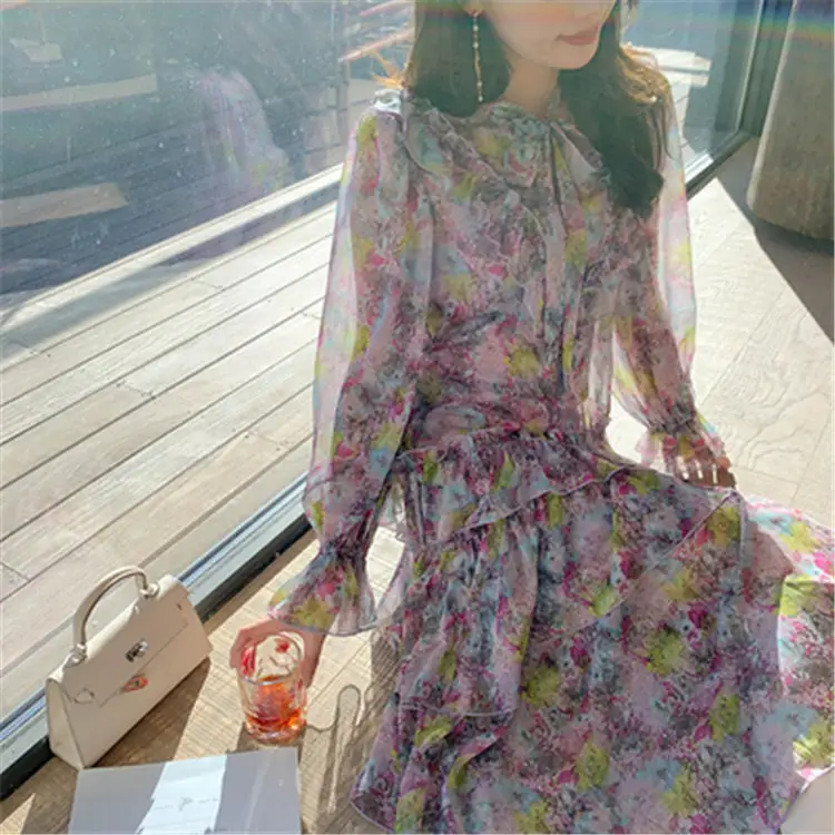 Nieuwste Nieuwe Mode Lente Elegante Franse Retro Lange Mouwen Zijden Jurk Dames Poff Mouw Bloemenprint Maxi Chiffon Casual Jurken