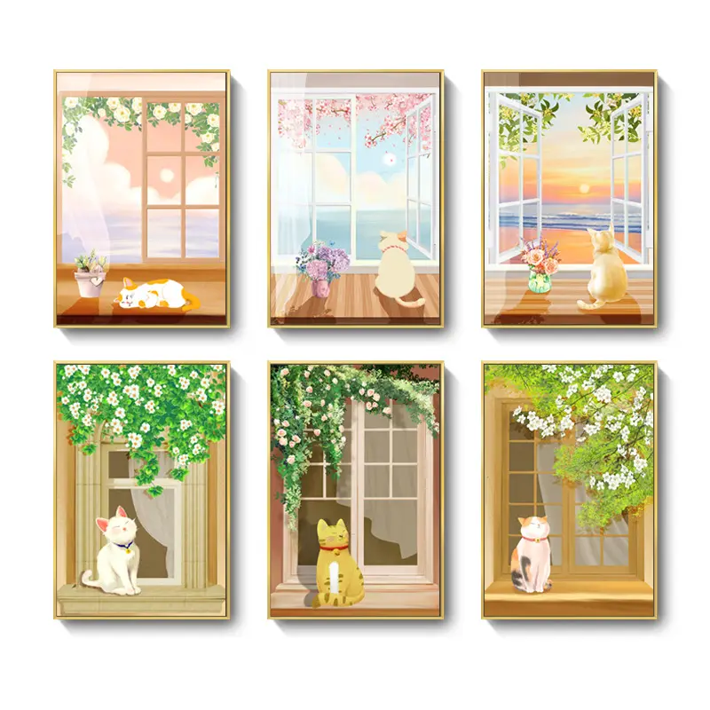 แมวหน้าต่างธรณีประตูทิวทัศน์ภาพวาดผ้าใบห้องรับประทานอาหารห้องนอน Triptych ภาพวาดอุปกรณ์ตกแต่งบ้าน