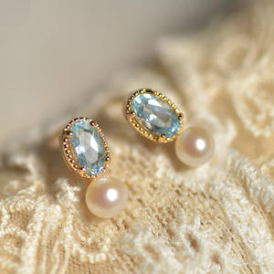 Orecchini a lobo classici placcati oro con topazio blu e perla d'acqua dolce per l'uso quotidiano da donna - Product Image 5