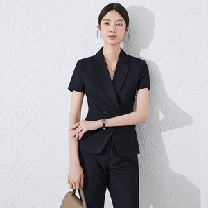 Women's Short Sleeve Suit Set Navy Blue <b>Wool</b> Blend Anti-Wrinkle Office Lady Summer Workwear Professional Formal Wear - Product Image 2