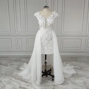 100% Real Photos Elegant Appliques Flowers Lace Off Shoulder Wedding Dress Boho Bridal Dresses With Detachable Train For Women