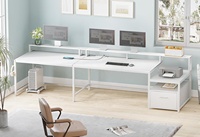 Bureau d'angle en bois en forme de L avec prise électrique, tiroir de rangement, étagère d'angle pour jeux, pour imprimante et rangement, bureau informatique ergonomique