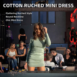 Robe Courte Sexy Unie à Taille Empire et Froncée pour Femme, 100% Coton, Manches Longues, Col Rond, pour Soirée et Club, Teinte Unie, Printemps-Automne-Été - Product Image 2