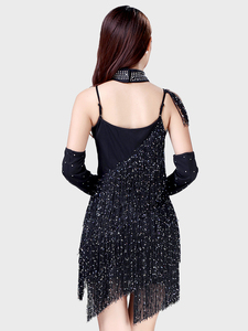 Robe de <span class=keywords><strong>danse</strong></span> latine sexy <span class=keywords><strong>classique</strong></span> noire à col en V, bretelles spaghetti, paillettes et franges, ensemble 3 pièces pour femme - Product Image 3