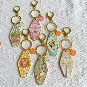 Porte-clés émaillé 12 Constellations Zodiaque, plaqué or, style bohème, astrologie, <span class=keywords><strong>horoscope</strong></span>, souvenir, cadeau, forme hôtel, signe astrologique - Product Image 3