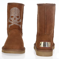 Bottes d'hiver en cuir de vache et peau de mouton, design crâne en cristal, semelle antidérapante, logo et style personnalisés, vente en gros ODM/OEM
