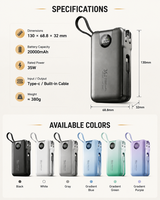 Batterie externe 20000mAh avec prise murale AC, câbles doubles intégrés, charge rapide PD 35W, chargeur portable pour les voyages