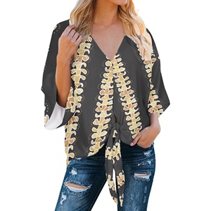 Blusas de Verano para Mujer con Estampado Floral Hawaiano Azul de Moda, Estilo Boho, Manga 3/4, Cuello en V, con Lazo Delantero, Camisas Casuales Holgadas con Estampado Floral - Product Image 2