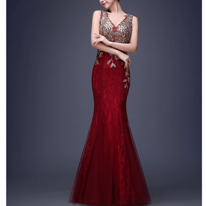 섹시한 환상 Backless 빨간 인어 레이스 드레스 긴 저렴한 아플리케 자수 지퍼 가운 - Product Image 3