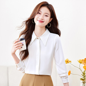 Blue Long Sleeve Chiffon Shirt Women Solid Color Button Front Work Professional Blouse Spring Autumn 2024 Style - Product Image 3