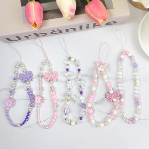 Fresh Pink Pearl Mobile Phone Bracelet Hand Woven Universal Portable PVC Lanyard New Bow Design Mobile Phone Wristband