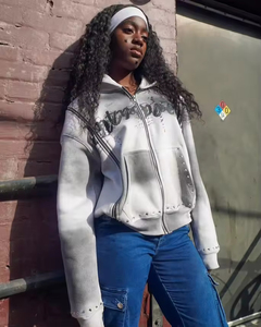 Tùy Chỉnh Axit Rửa Áo Người Đàn Ông Mặt Trời Faded Cổ Điển Nặng Rhinestone Ba Dây Kéo Tracksuit Zip up Thời Trang Đường Phố Quá Khổ - Product Image 3