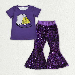 Conjunto GSPO2188 RTS para Niña, Estampado de Botas Moradas, Pantalones a Cuadros con Lentejuelas, Conjuntos Infantiles al por Mayor para Mardi Gras - Product Image 3