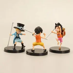 Patung Anime One Piece 9Cm, 3 Buah/Set Patung Anime One Piece 9Cm Luffy Ace Sabo dengan Tongkat Senjata Masa Kecil PVC Action Figure Model Mainan Boneka Hadiah Anak-anak