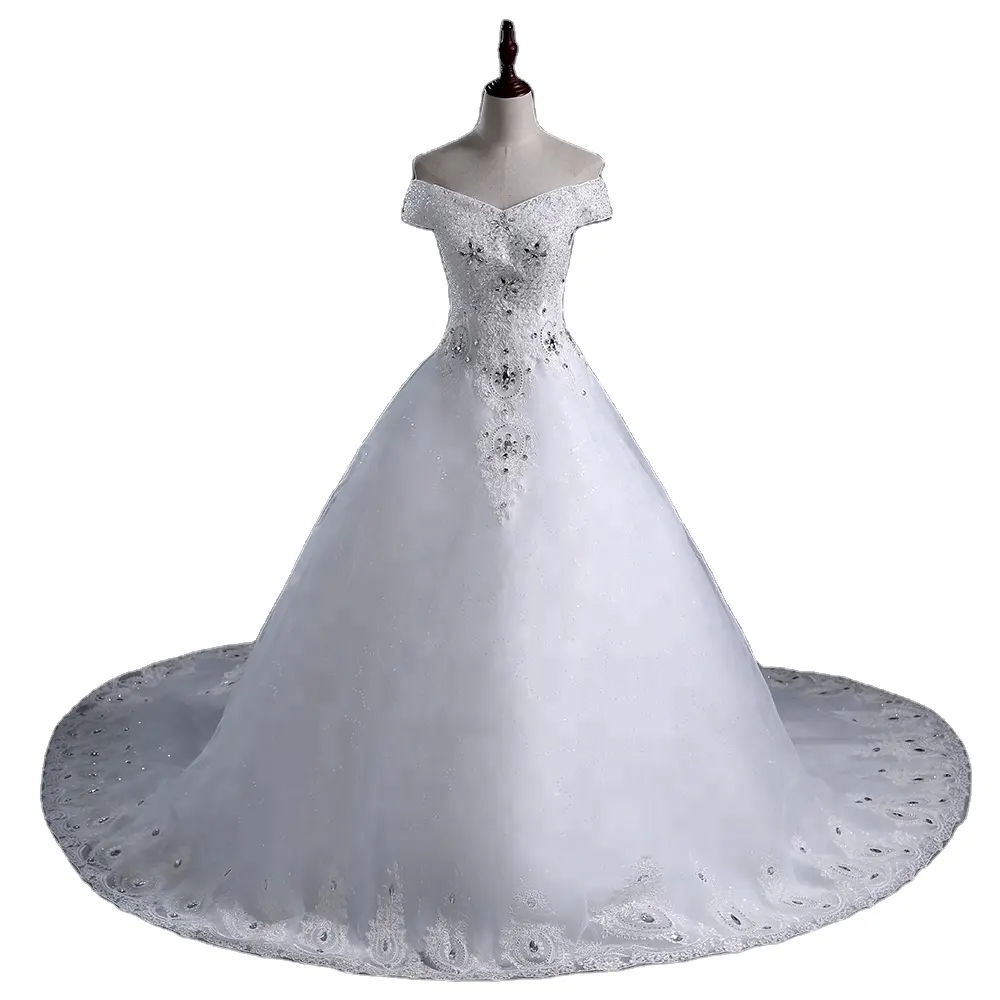 2021 Vestido de Noiva Ballkleid Einfache A-Linie Prinzessin Schatz Hochzeits kleid Court Zug Perle Spitze Luxus Kurzarm s55