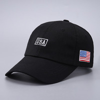 Casquette de baseball transfrontalière brodée à 6 panneaux avec mini-drapeau, en pur coton, avec lettres USA, visière courbée, réglable, toutes saisons
