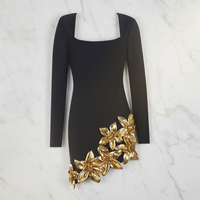 Robe de soirée décontractée pour femme, mini-robe de soirée, robe élégante à manches longues avec fleurs dorées