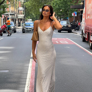 Vestido Largo de Verano para Mujer, con Estampado de Lunares, Color Sólido, Cuello en V, Tirantes Finos, Espalda Descubierta, Elegante y Casual - Product Image 2