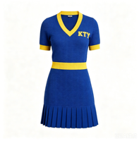 Robe pull universitaire grande taille, col en V, manches courtes, jacquard chevron, broderie chenille, bordure contrastante, robe mini plissée en tricot