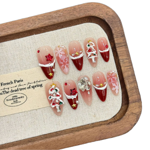 Uñas Postizas Hechas a Mano con Acabado Rojo Terciopelo, Decoración 3D de Copos de Nieve, Estilo Navideño, <span class=keywords><strong>Manicura</strong></span> <span class=keywords><strong>Francesa</strong></span>, Venta al Por Mayor de Fábrica - Product Image 1