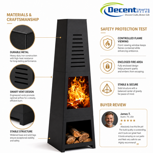 Obelisco Alto e Affusolato Nero Opaco con Ventole Orizzontali, Finestra in Vetro, Nicchia Portaoggetti in Legno, Braciere da Esterno in Ferro - Product Image 3