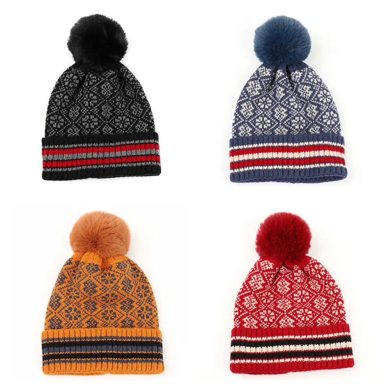 Customized Flower Pattern Knitted Jacquard Woman Fashion Beanie Knit Hat Acrylic Soft Winter Beanie