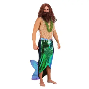 2024 Mode Design Mannen Carnaval Kleding Halloween Lovertjes Groene Zeemeermin Performance Jurk Volwassen Merman Cosplay Kostuum