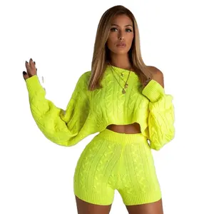 China factory women sweaters solid colors cropped top and tight shorts knit sexy women corp sweater 2 piece set