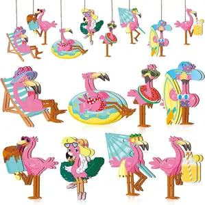 Liontin dekorasi pesta musim panas luar ruangan liontin berbentuk Flamingo kayu bertema pantai kustom