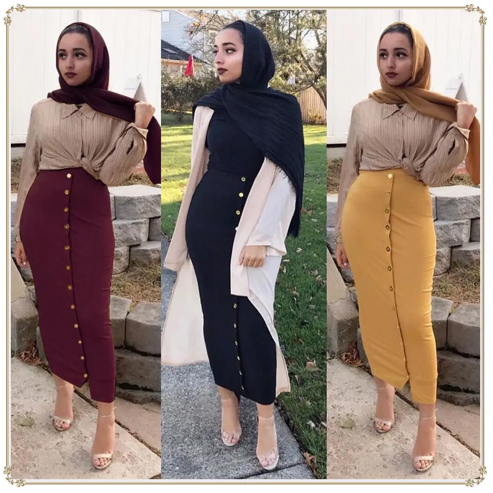 2023 Ins Fashion Muslim Button Front Stretch Knitted Tight Long pencil Skirt