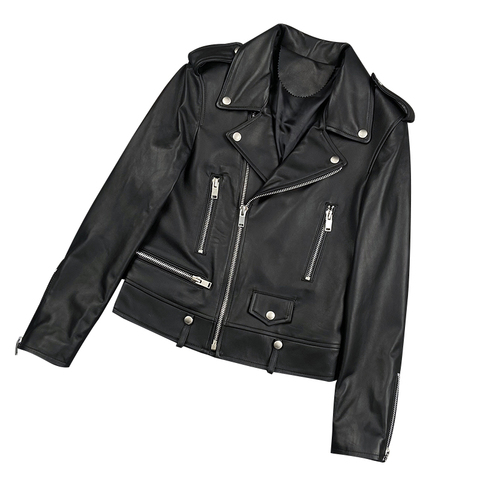 2105 Motorcycle Style Genuine Leather Sheep Kin Zipper Trim Lapel Short Jacket for Women