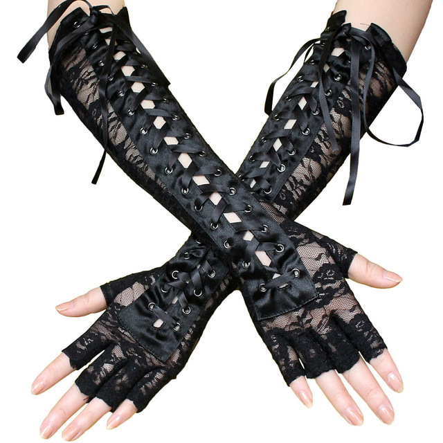 European and American Sexy Lace Strap Gloves Long Seductive Ribbon Rivets Half Finger Etiquette Ball Nylon Gloves
